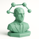 Low-poly green bust of a suited figure with connected spherical nodes around the head, symbolizing AI networks and fast, flexible AI solutions for businesses.