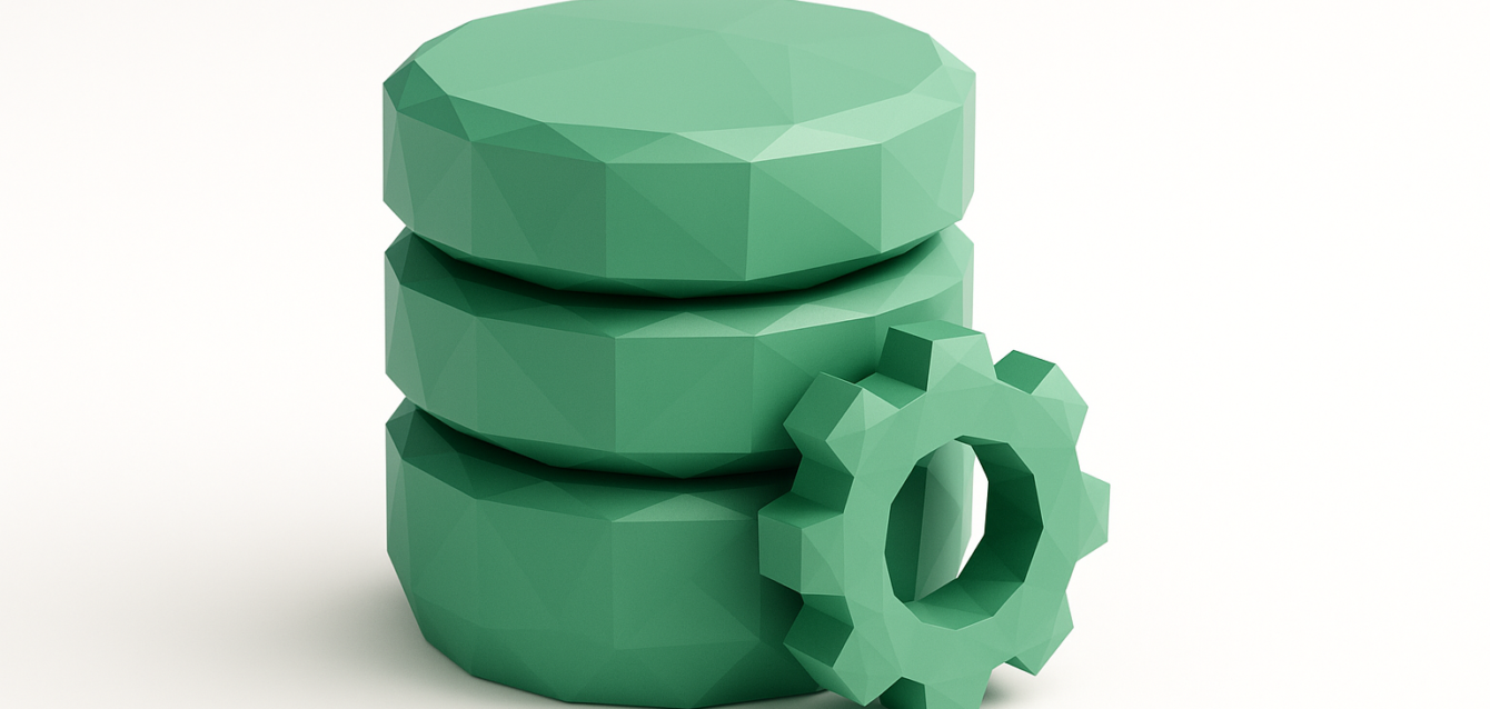 Low-poly green database stack with a gear icon, symbolizing Bubble.io database optimization, best practices, and peak performance