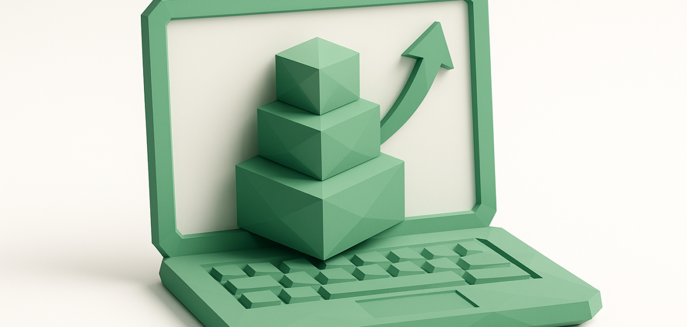 3D green laptop with stacked modular blocks and an upward arrow on the screen, representing building scalable web apps without code and visual growth