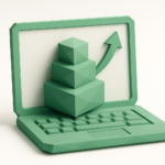 How to Build Scalable Web Apps Without Code 6 3D green laptop with stacked modular blocks and an upward arrow on the screen, representing building scalable web apps without code and visual growth