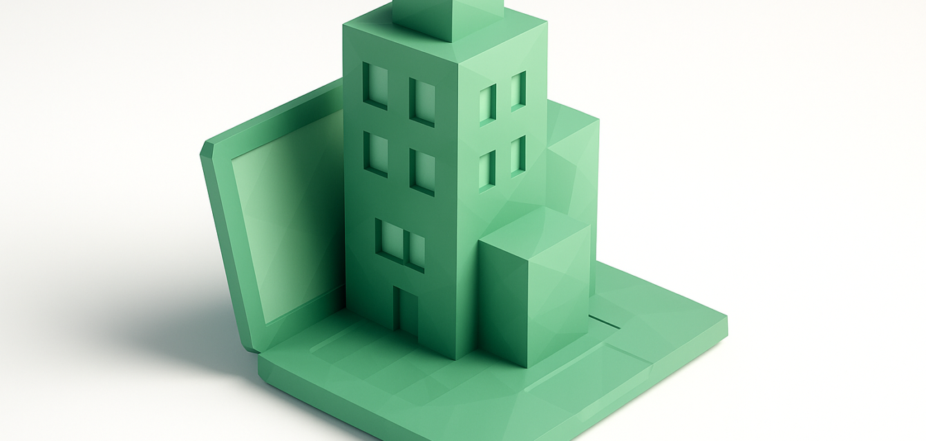 Green low-poly 3D building emerging from an open laptop on a white background, symbolizing building a SaaS product with the Bubble no-code platform.