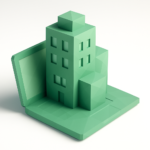 Green low-poly 3D building emerging from an open laptop on a white background, symbolizing building a SaaS product with the Bubble no-code platform.