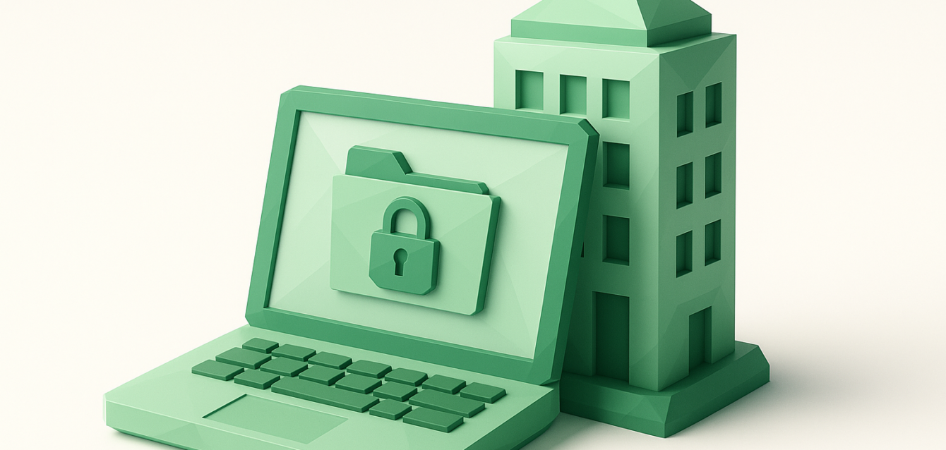3D green illustration of a laptop displaying a locked folder icon next to an office building, representing a secure client portal built with Softr in 2026