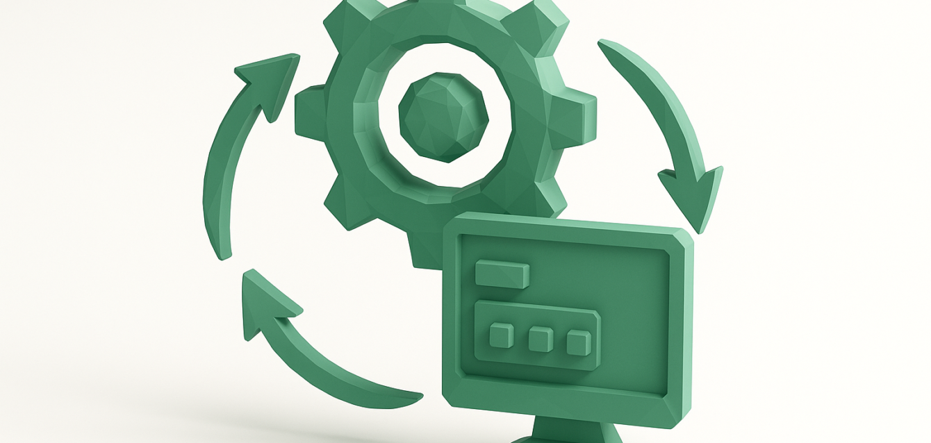 Green 3D icon of a gear, computer monitor, and circular arrows symbolizing business process automation, workflow optimization, and growth