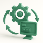 Green 3D icon of a gear, computer monitor, and circular arrows symbolizing business process automation, workflow optimization, and growth