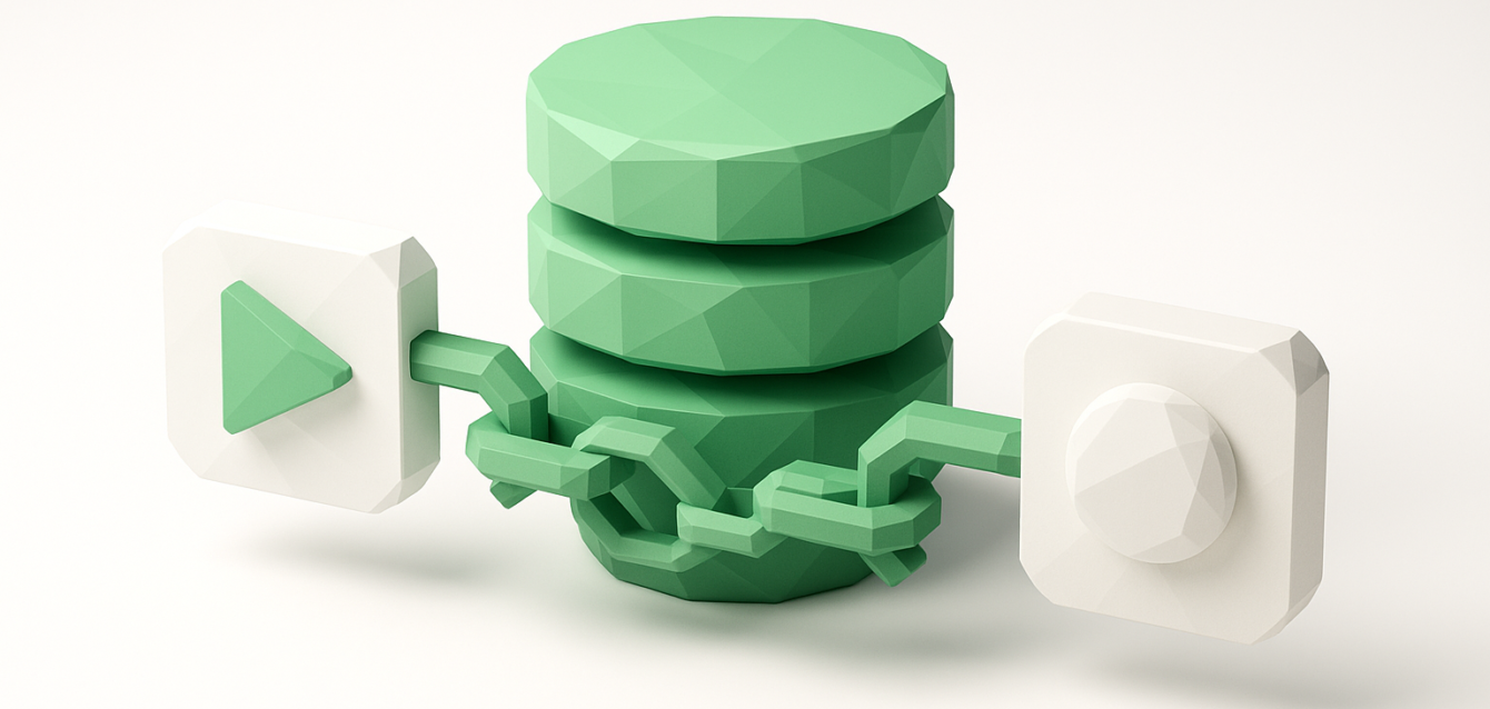 Connect Supabase to Low-Code Apps — Database Integration Illustration Stylized green database stack linked by chains to two app icons, visually representing connecting a Supabase database to low-code applications.