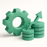 3D green gear next to stacked coin columns with an upward arrow, representing automation boosting efficiency, cost savings, and ROI