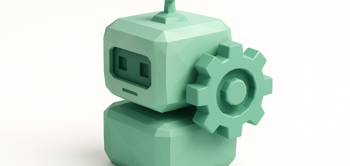 Mint-green low-poly robot with a gear symbolizing custom AI automation solutions and smarter workflows