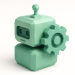 Mint-green low-poly robot with a gear symbolizing custom AI automation solutions and smarter workflows