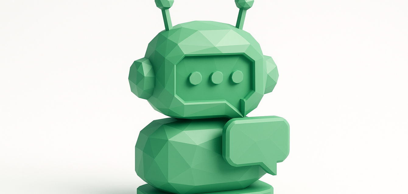 Green low-poly chatbot robot icon with speech bubble representing custom chatbot development and agency services focused on ROI