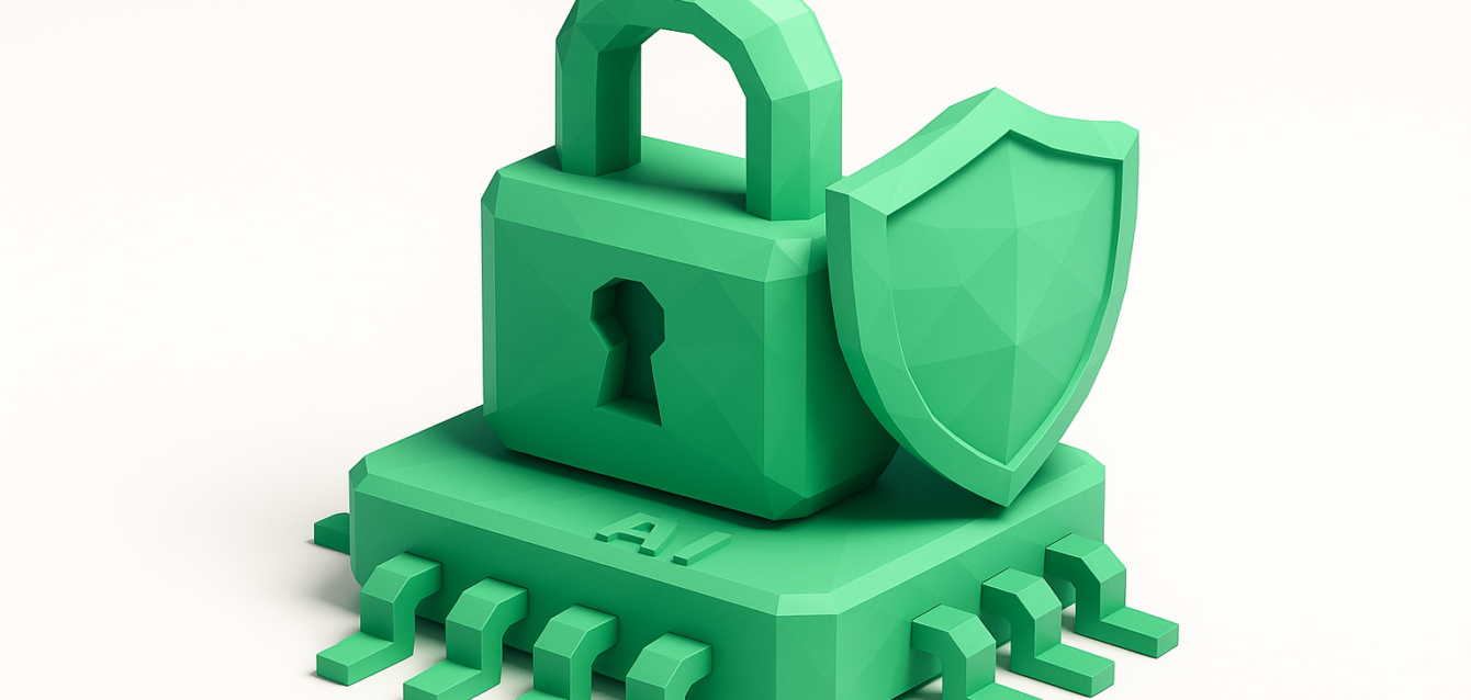 AI Privacy Protection — Padlock and Shield on Microchip Green 3D stylized padlock and shield on an AI microchip symbolizing privacy protection and security in artificial intelligence