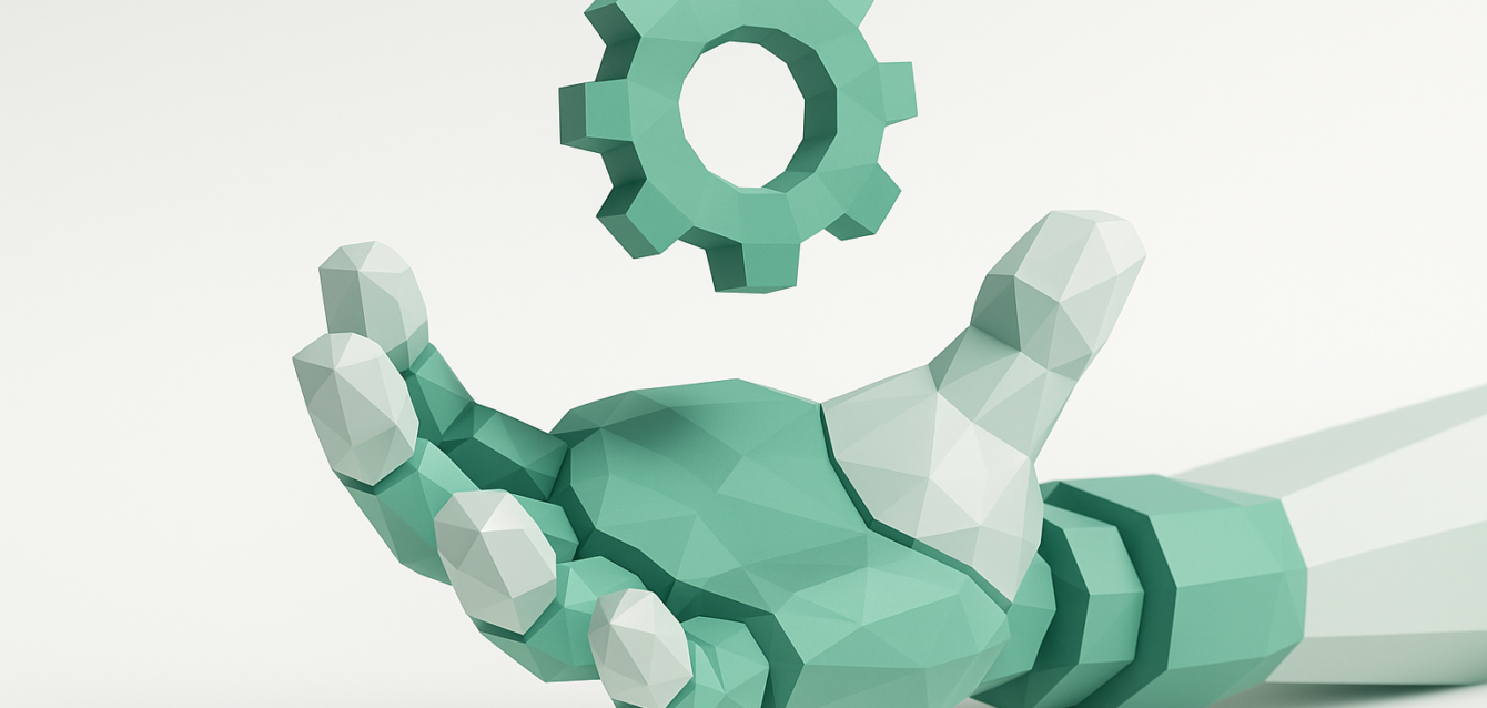 Low-poly robotic hand holding a floating gear icon, symbolizing done-for-you AI automation and simplified workflow