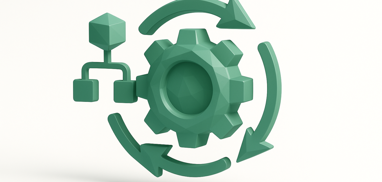 3D green gear with connected flowchart nodes and circular arrows representing end-to-end automation and a streamlined workflow