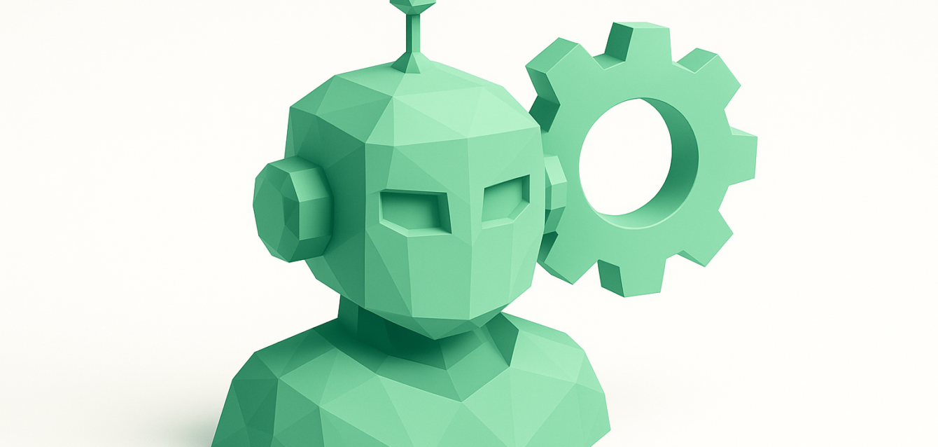 Low-poly green robot bust with a large gear icon, symbolizing enterprise AI automation, workflow optimization, and operational efficiency