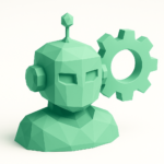 Low-poly green robot bust with a large gear icon, symbolizing enterprise AI automation, workflow optimization, and operational efficiency