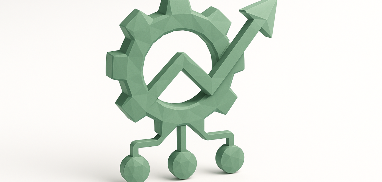3D green gear icon with an upward-trending arrow and three connected nodes, symbolizing enterprise automation and self-driving operations.