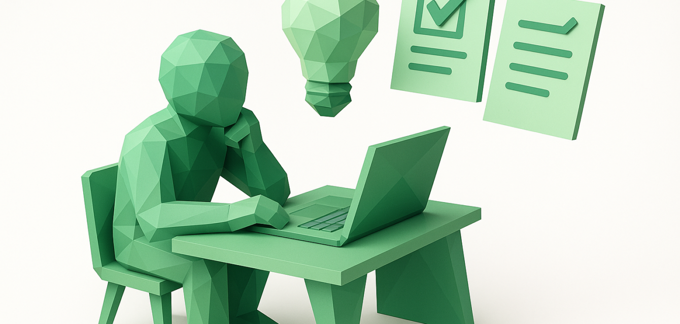 Green low-poly figure sitting at a desk with a laptop, with a floating lightbulb and checklist icons overhead, symbolizing reviewing and evaluating AI automation proposals and decision-making.