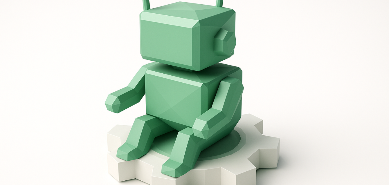 Low-poly green robot sitting on a white gear, representing business automation, workflows, and a full-service automation agency