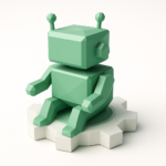 Low-poly green robot sitting on a white gear, representing business automation, workflows, and a full-service automation agency