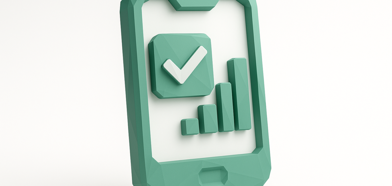 3D teal smartphone illustration with a checkmark and ascending bar chart representing Glide Apps mobile dashboard for business analytics and workflows