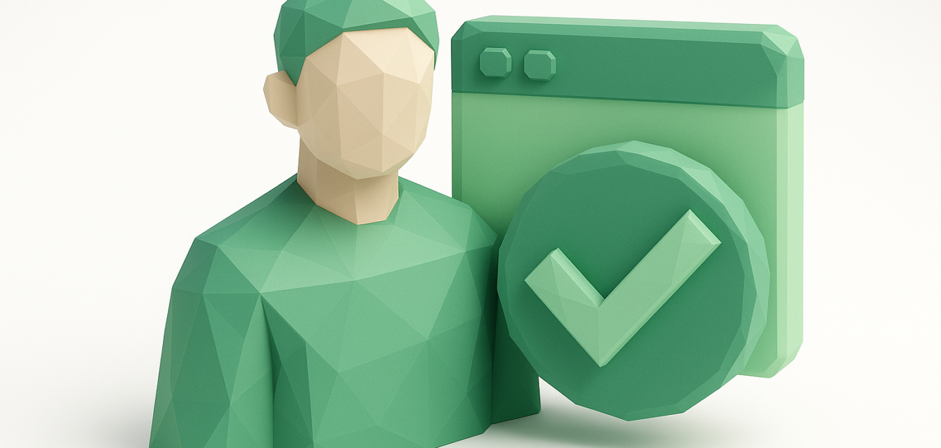 3D low-poly green developer avatar next to a browser window and checkmark, representing Make.com automation and approved workflows — hire Make.com developers to automate your business