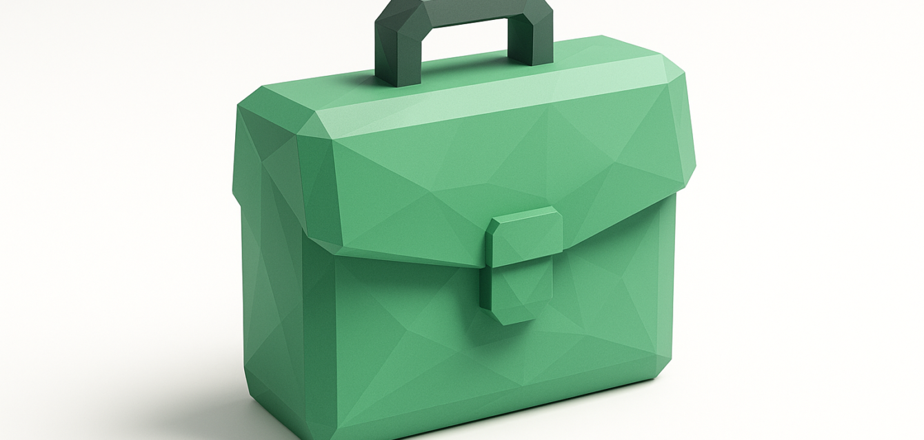 Low-poly green briefcase on a white background symbolizing professional n8n automation expertise and scalable workflow solutions