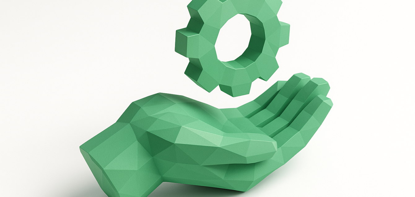 Green low-poly hand holding a floating gear icon on a white background, symbolizing automation and integrations — hire Zapier consultants to automate workflows and streamline business processes.