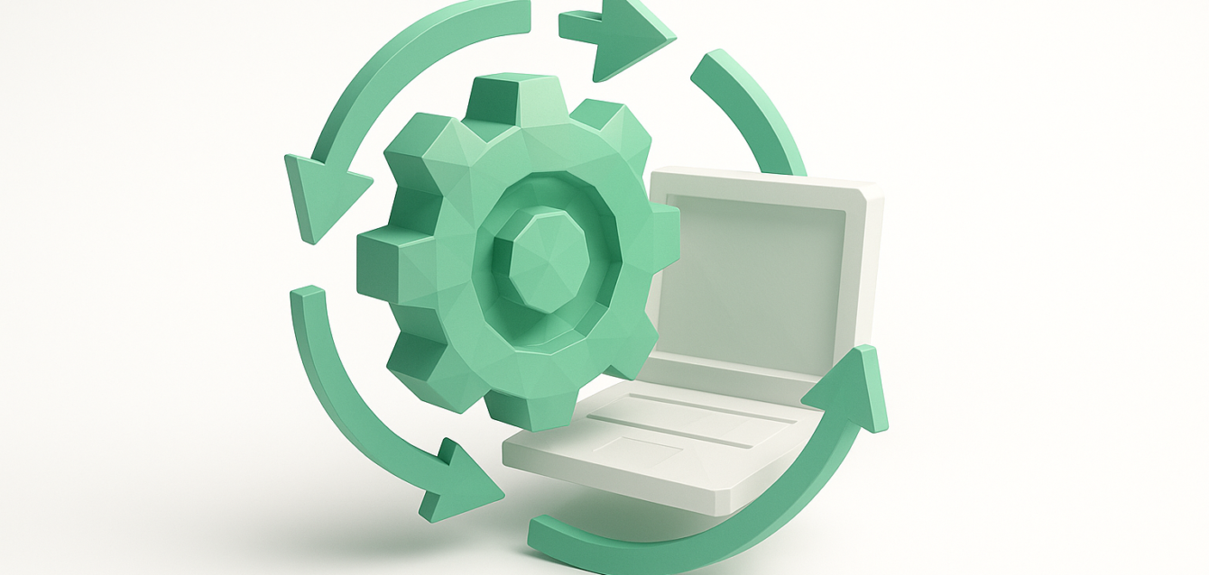 3D illustration of a green gear surrounded by circular arrows and a laptop, symbolizing business automation, workflow optimization and agency-driven growth in 2026