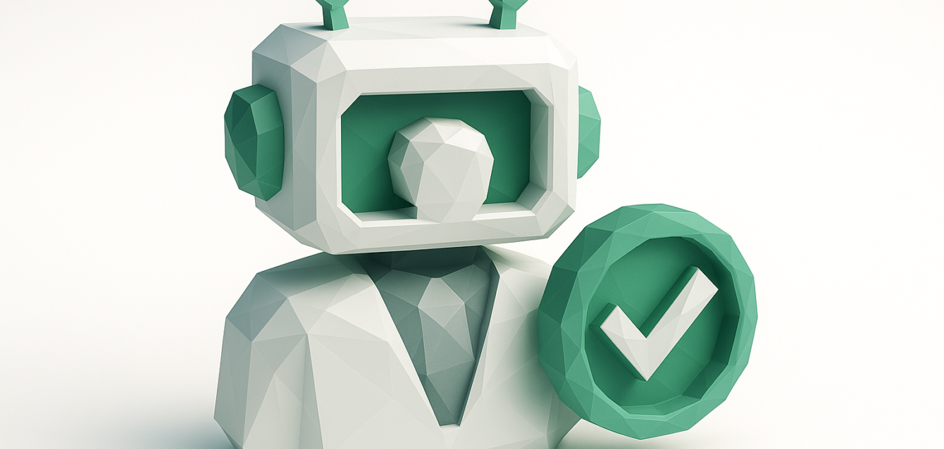 Vetted AI Automation Agency — Hiring Guide 2026 Low-poly robot avatar holding a green checkmark, representing a vetted AI automation agency and approved AI partner for hiring in 2026.