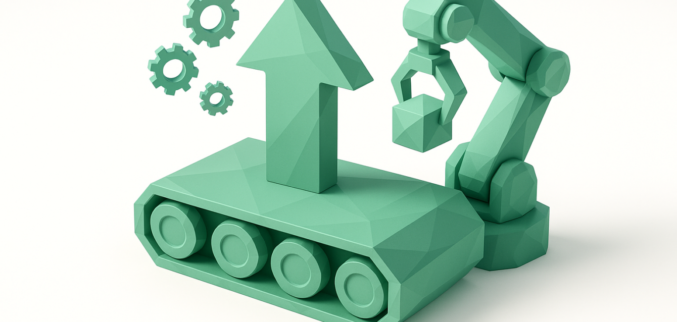 Hyperautomation concept: mint-green robotic arm with conveyor, gears and upward arrow symbolizing AI-driven automation and self-driving business growth