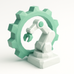 Hyperautomation Explained: A Guide for 2026 4 Low-poly robotic arm inside a teal gear, symbolizing hyperautomation, AI-driven workflows and process automation for 2026