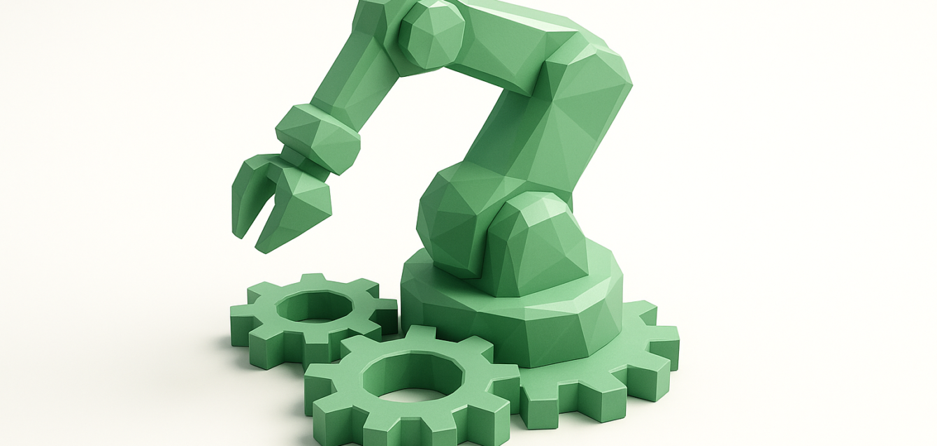 Low-poly green robotic arm positioned above interlocking gears, illustrating hyperautomation, RPA workflows and AI-driven decision making