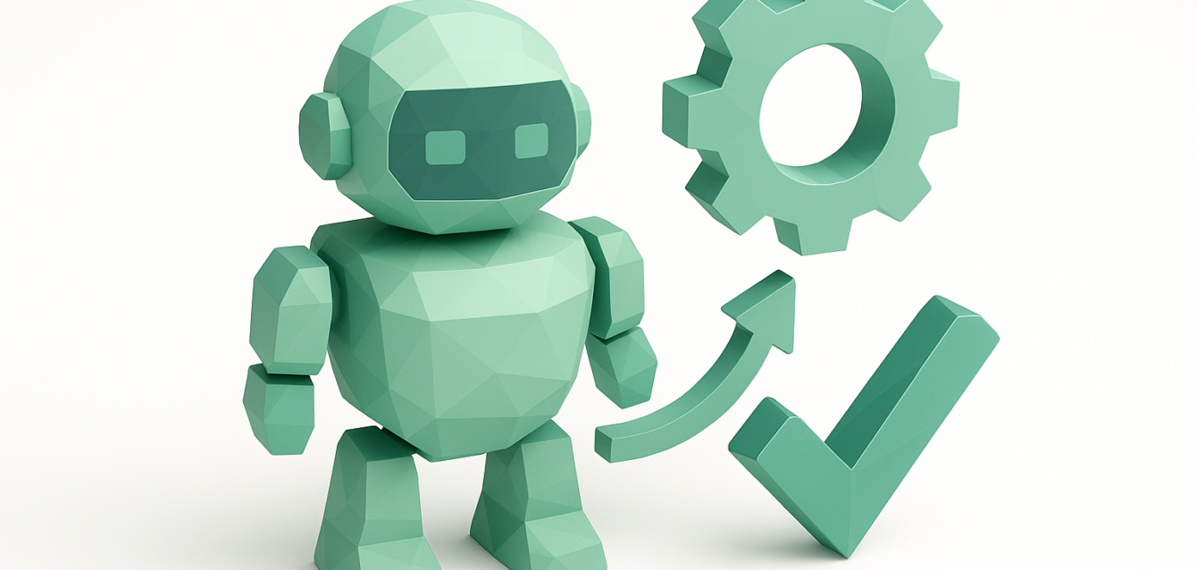 Low-poly mint-green robot with gear, upward arrow and checkmark icons representing hyperautomation, AI workflows and self-driving automation for a 2026 guide