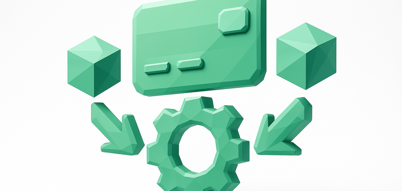Green 3D illustration of a payment card, gear, cubes and arrows symbolizing Stripe payment integration with low-code tools for fast setup