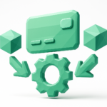 Green 3D illustration of a payment card, gear, cubes and arrows symbolizing Stripe payment integration with low-code tools for fast setup