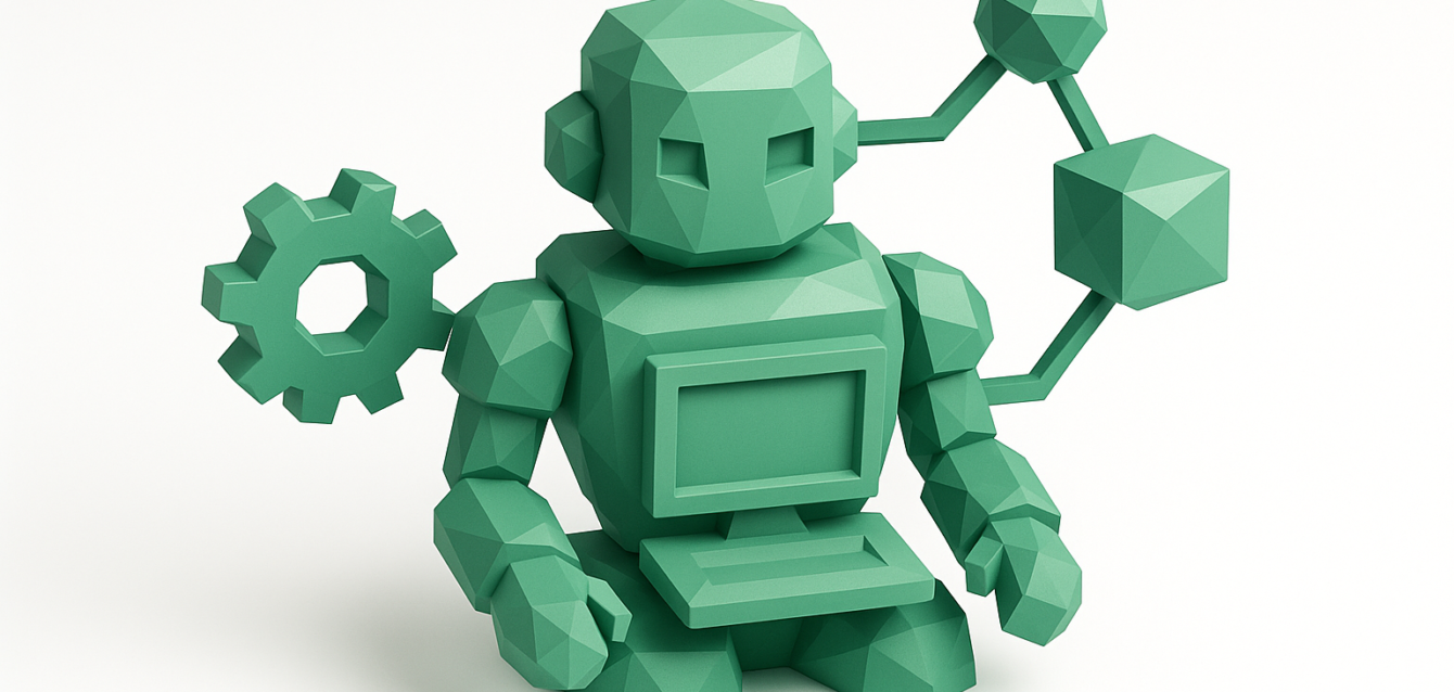 Intelligent Process Automation (IPA) 2026 — Low-Poly Robot with Gear and Workflow Nodes Low-poly green robot with a built-in monitor, gear and connected nodes representing intelligent process automation (IPA).