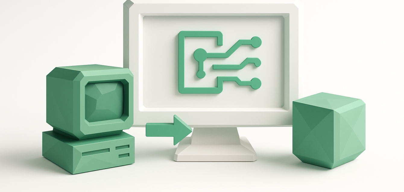 Legacy System Integration Services to Unlock AI Potential 3D illustration of a vintage desktop with an arrow pointing to a modern monitor showing a circuit-style AI icon, representing legacy system integration, data migration, and AI modernization services.