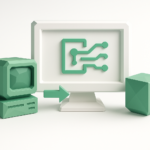 Legacy System Integration Services to Unlock AI Potential 5 3D illustration of a vintage desktop with an arrow pointing to a modern monitor showing a circuit-style AI icon, representing legacy system integration, data migration, and AI modernization services.