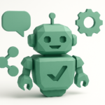 3D green polygonal robot with checkmark on chest, speech bubble, gear and share icons symbolizing AI automation services for smarter workflows