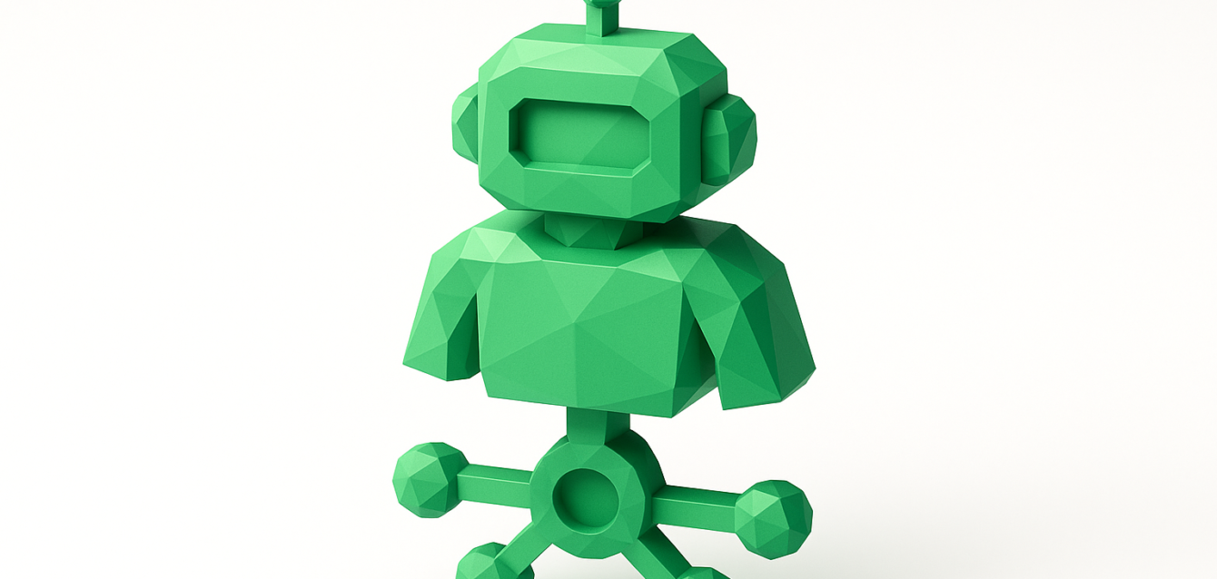 Green low-poly robot with network-node base symbolizing AI automation and integration by a local AI automation agency to transform business operations