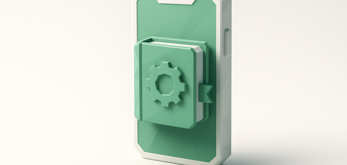 3D stylized smartphone with a book and gear icon symbolizing low-code mobile app development tools and settings for 2026