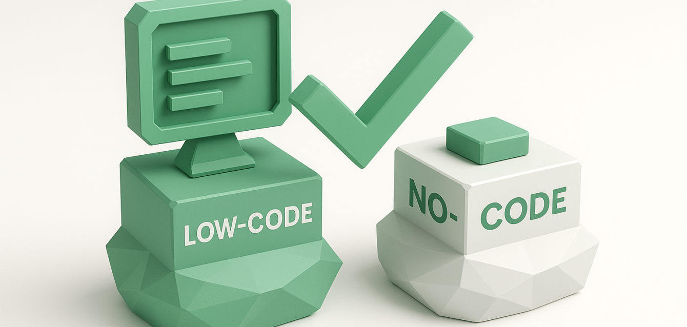3D green 'Low-Code' monitor icon with a green check mark next to a white 'No-Code' block, illustrating the low-code vs no-code choice for enterprise adoption