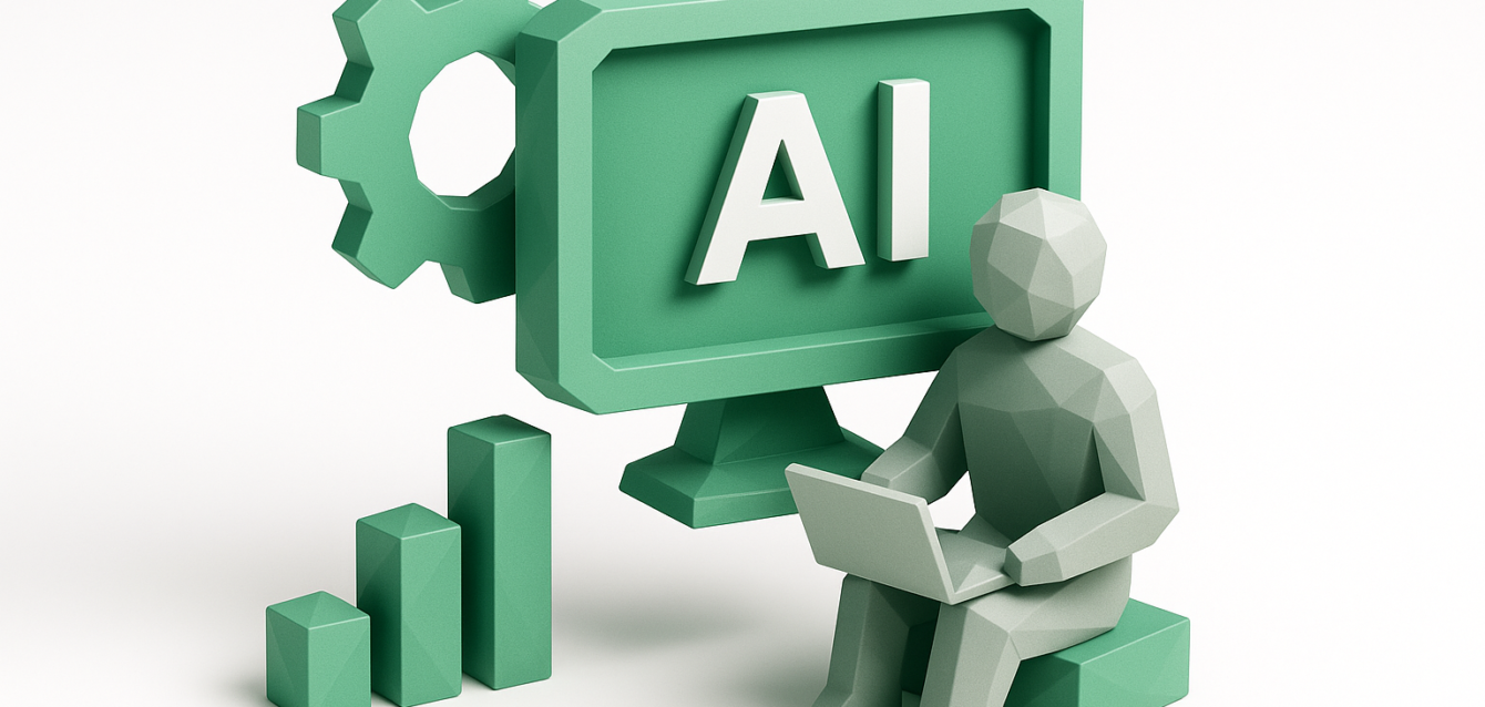 Managing AI Projects 2026 – AI Deployment, Metrics and Project Workflow Low‑poly figure working on a laptop beside a monitor labeled 'AI', a gear icon and rising bar chart — visual representing managing AI projects and performance metrics.