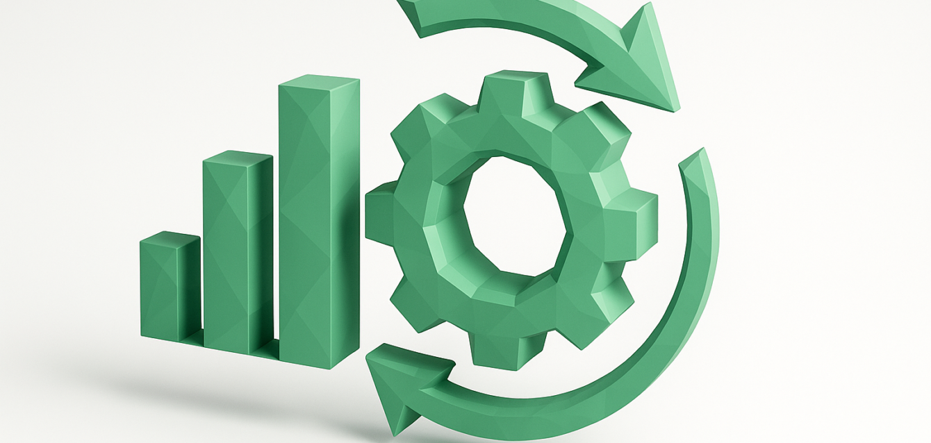 3D green gear with circular arrows next to an ascending bar chart symbolizing marketing automation and streamlined growth