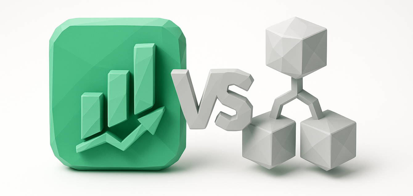 3D graphic of a green app icon with a rising bar chart and an arrow facing gray connected cubes with a 'VS' between them, illustrating PowerApps versus other low-code platforms comparison