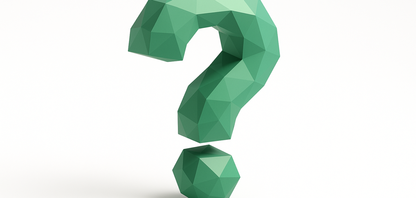 Green low-poly 3D question mark on a white background symbolizing questions to ask your automation agency when evaluating automation services and expertise
