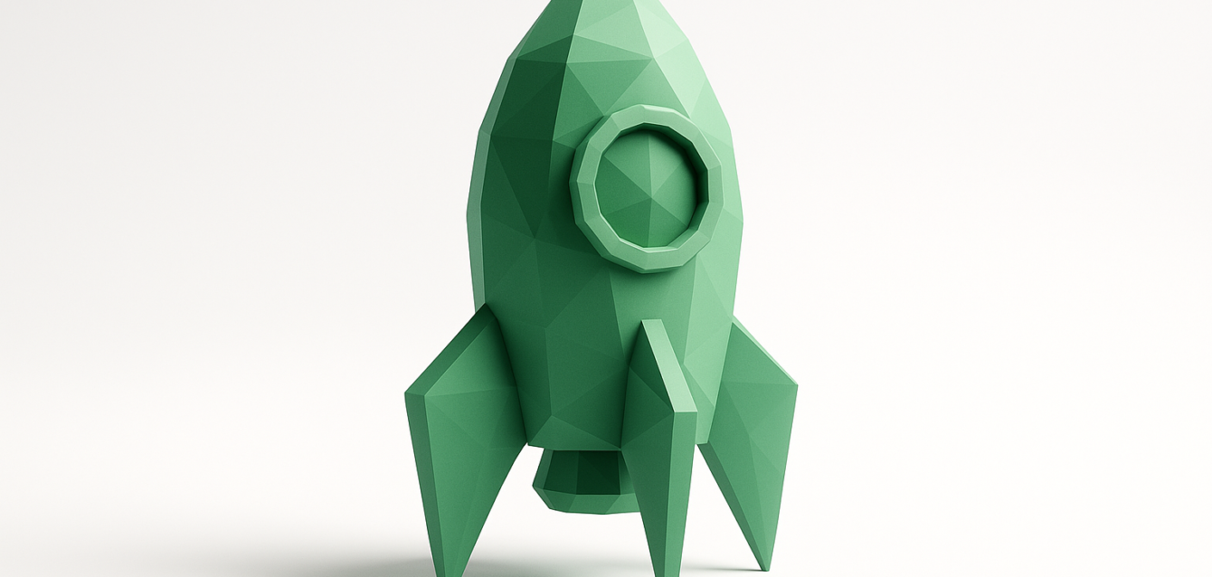 Rapid MVP Development with AI — Rocket Illustration for Fast Product Launch Low-poly green rocket on a white background representing rapid MVP development with AI and fast product launch in weeks