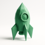Low-poly green rocket on a white background representing rapid MVP development with AI and fast product launch in weeks