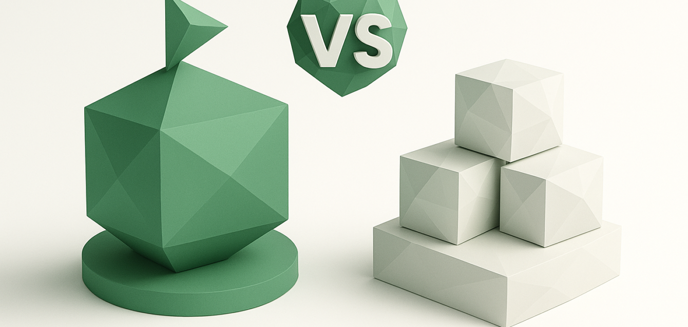 Stylized graphic showing a green faceted trophy-like polygon on a pedestal facing pale stacked cubes labeled 'other Agencies' with a 'VS' emblem, representing Thinkpeak vs other AI agencies.