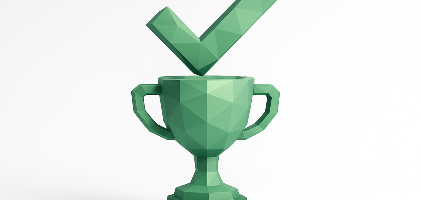Green geometric trophy with a large checkmark above it, symbolizing top-rated automation agencies and validated efficiency for streamlining business operations.